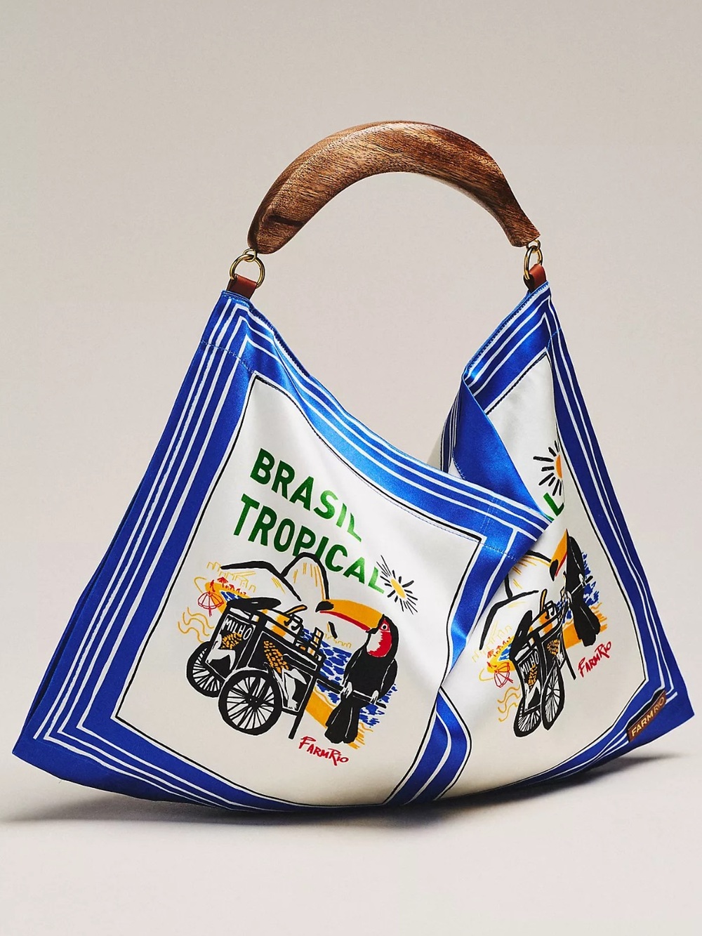FARM Rio Blue and White Brasil Tropical Graphic Shoulder Bag with Wooden Handle